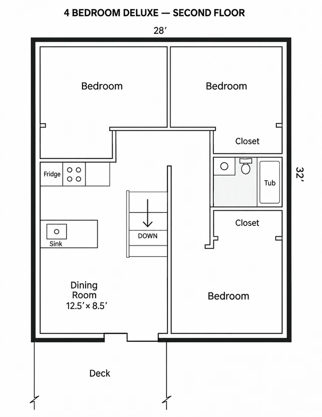 Deluxe second floor with three bedrooms, a bathroom, kitchen, dining room, stairs and a deck.